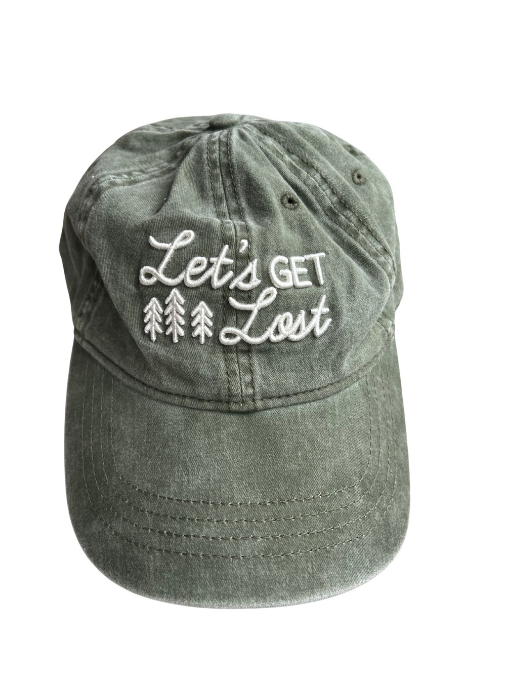 Vintage Wash Embroidered 'Let's Get Lost' Sage Green Baseball Cap Adjustable